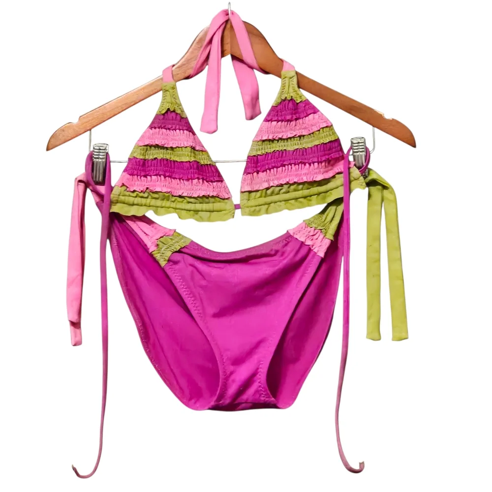 BECCA triangle bikini L pink green EUC Rebecca V string coquette girl ruffles